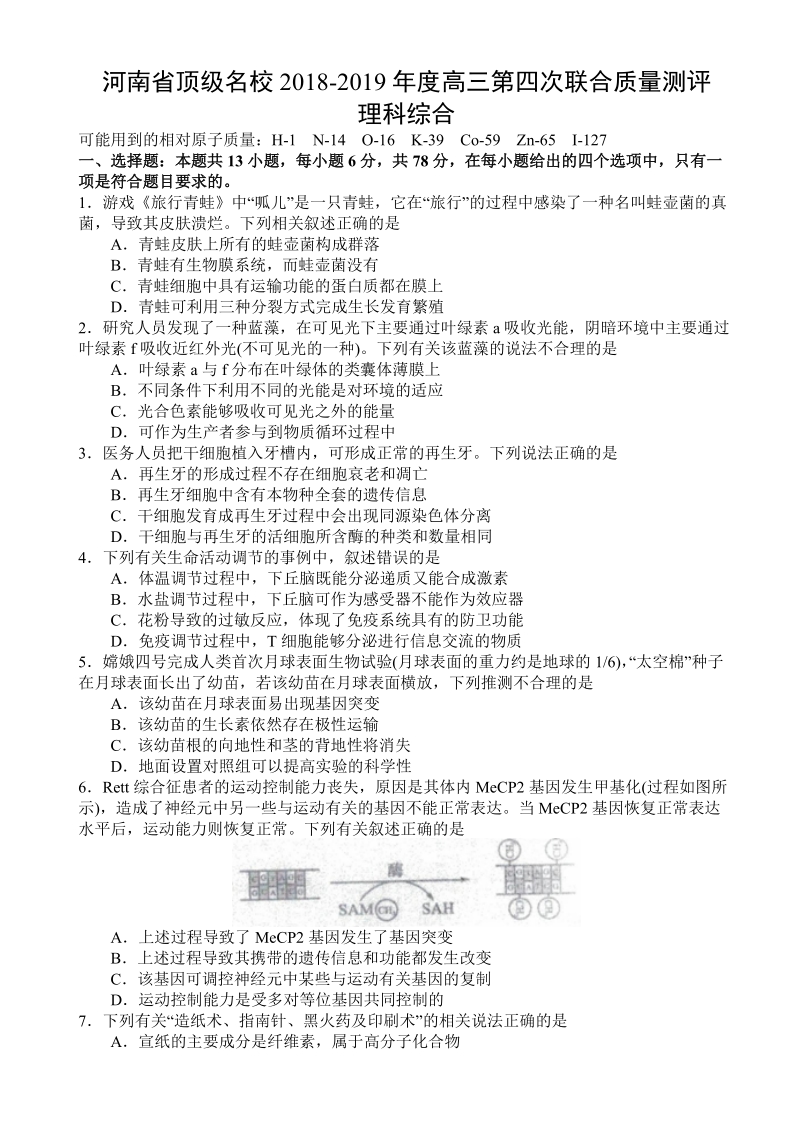 河南省顶级名校2019年高三第四次联合质量测评理科综合试题（含答案）_第1页