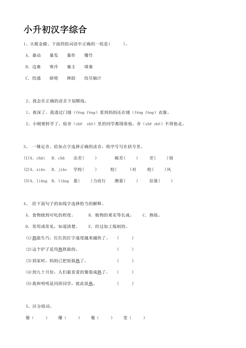 2019届小升初语文专题复习试卷含答案（08）汉字综合_第1页