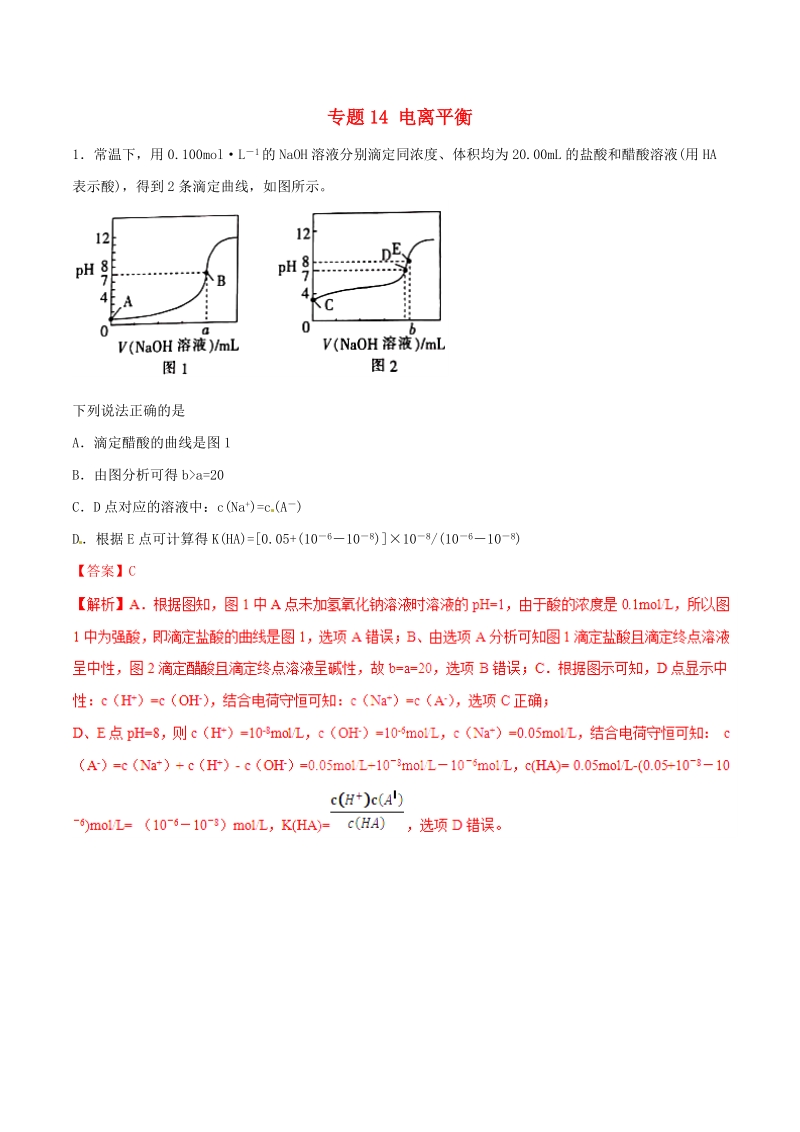 2019年高考化学专题14：电离平衡 考点专练（含答案解析）_第1页