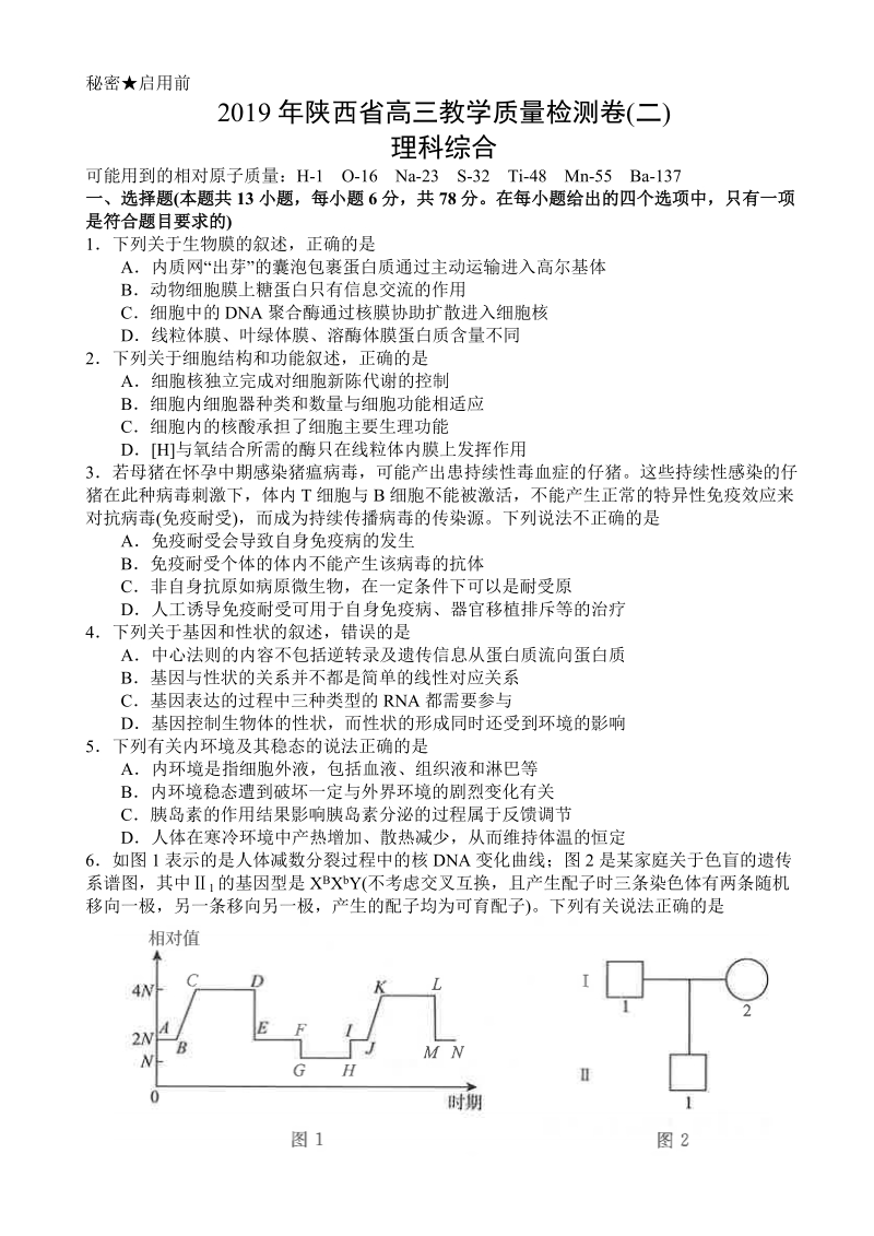 2019年陕西省高三教学质量检测理科综合试卷（二）含答案_第1页