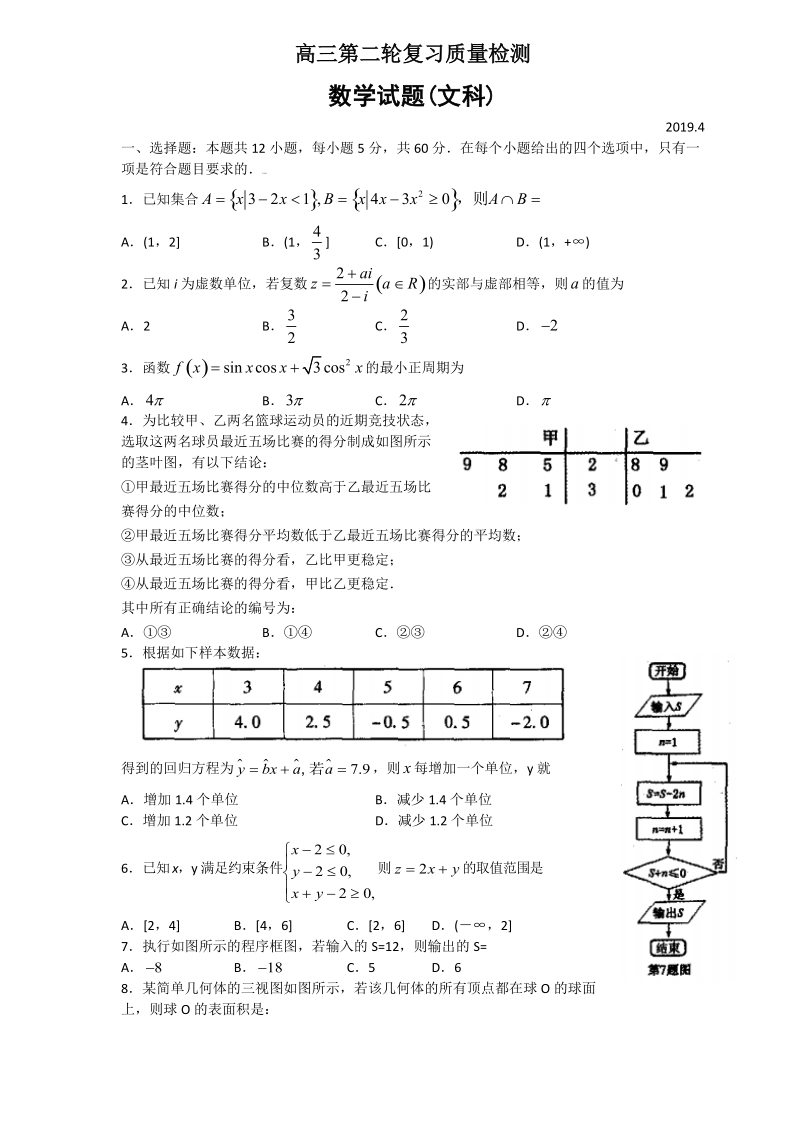 山东省泰安市2019届高三二轮模拟文科数学试题（含答案）_第1页