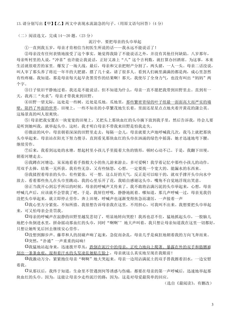 贵州省都匀市平塘县2019年中考语文模拟试题（含答案）_第3页