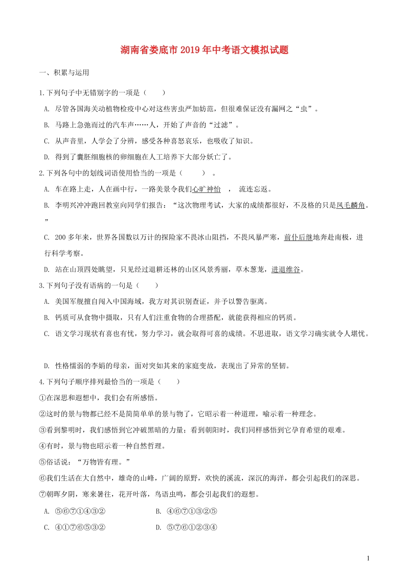 湖南省娄底市2019年中考语文模拟试题（含答案）_第1页