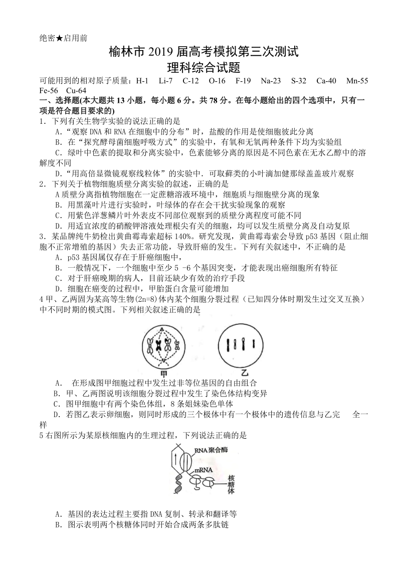 陕西榆林市2019届高考模拟第三次测试理科综合试题（含答案）_第1页