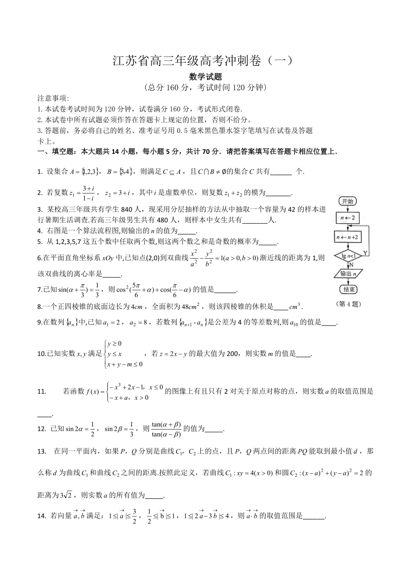 2019年江苏省无锡市高考冲刺数学试卷（一）含答案_第1页