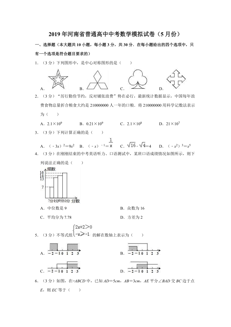 2019年5月河南省普通高中中考数学模拟试卷（含答案解析）_第1页