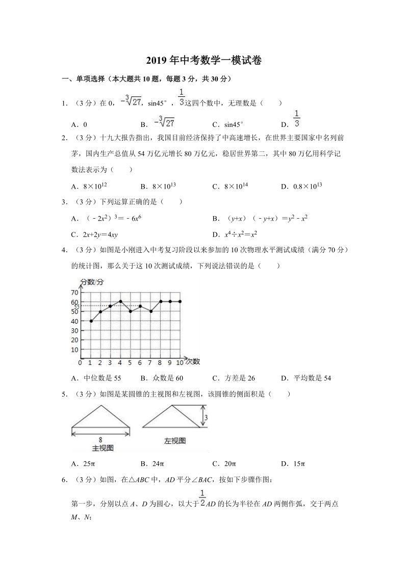 2019内蒙古鄂尔多斯伊旗中考一模数学试题（含答案解析）_第1页