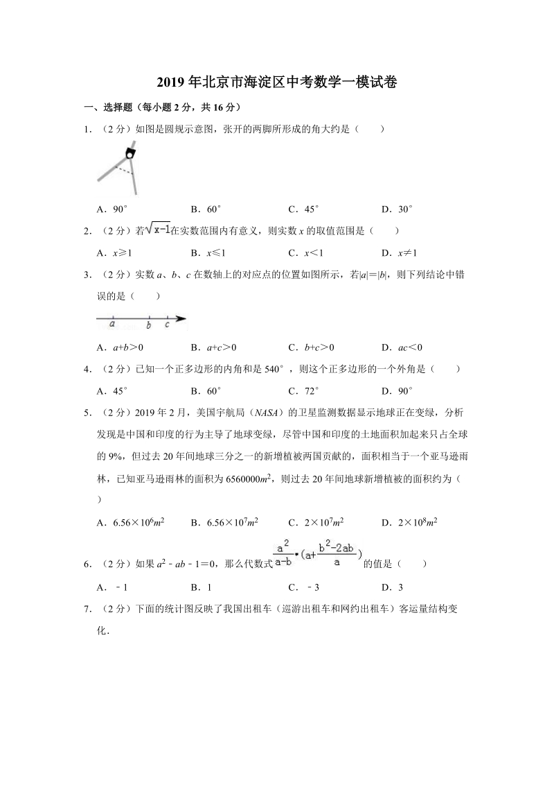2019年北京市海淀区中考数学一模试卷（含答案解析）_第1页