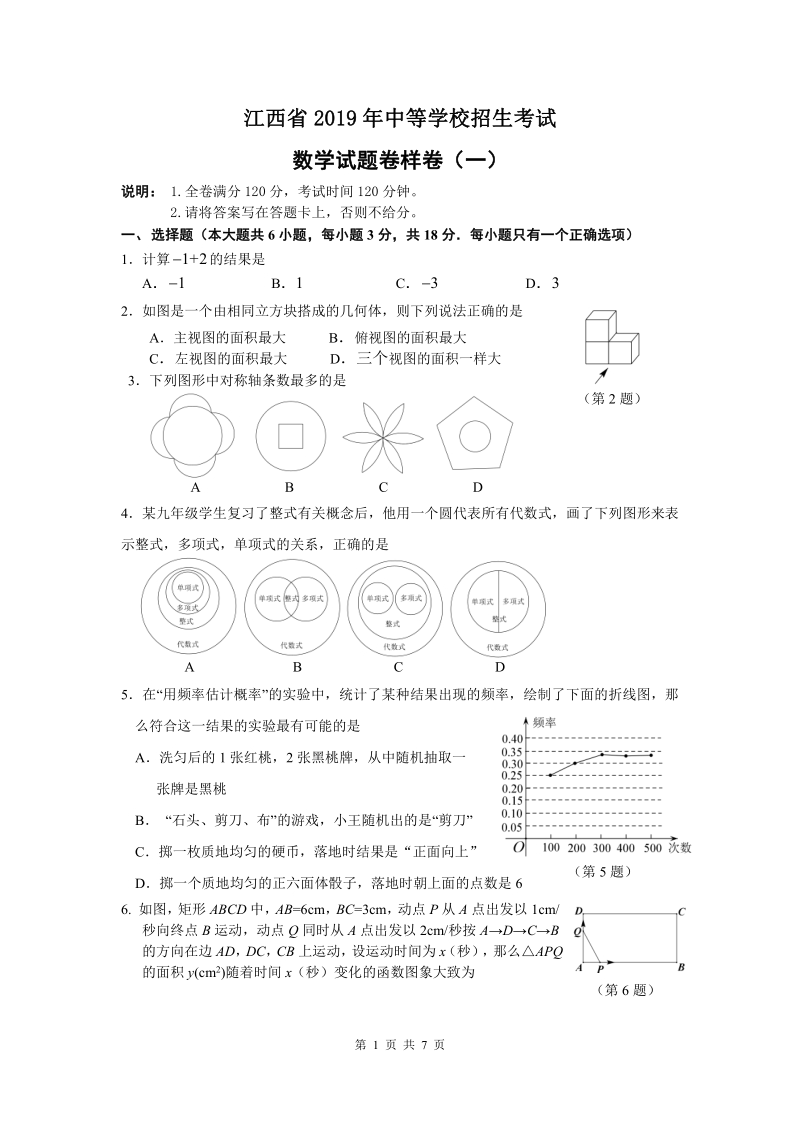 江西省2019年中等学校招生模拟考试数学试卷（一）含答案_第1页