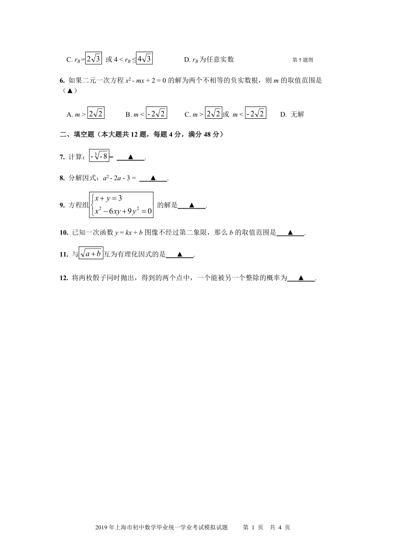 2019年上海市初中数学毕业统一学业考试模拟试题（含答案解析）_第2页