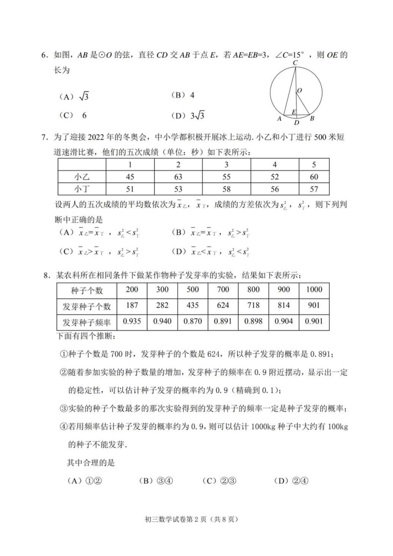 2019学年北京市石景山区中考数学二模试卷及答案（PDF版）_第2页