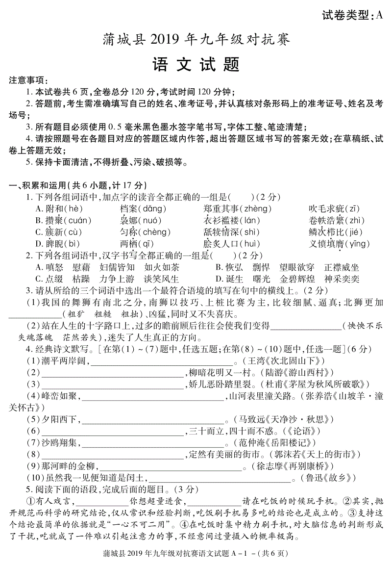 陕西省渭南市蒲城县2019年九年级语文对抗赛试题含答案（pdf版）