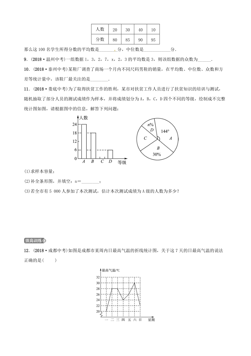 2019年山东省潍坊市中考数学复习第1部分《第八章统计与概率》同步检测试卷（含答案）_第2页