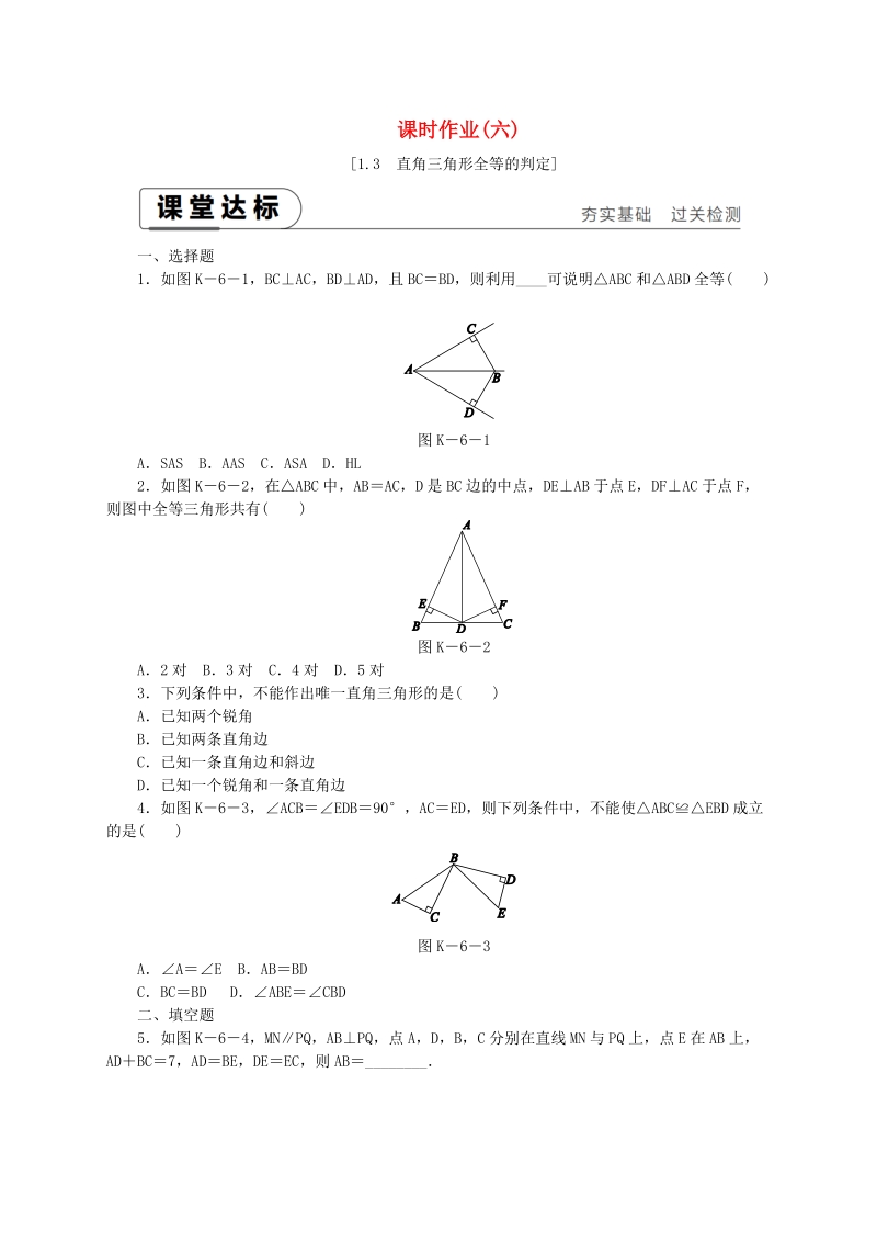 湘教版八年级数学下册《1.3直角三角形全等的判定》课时作业（含答案）_第1页