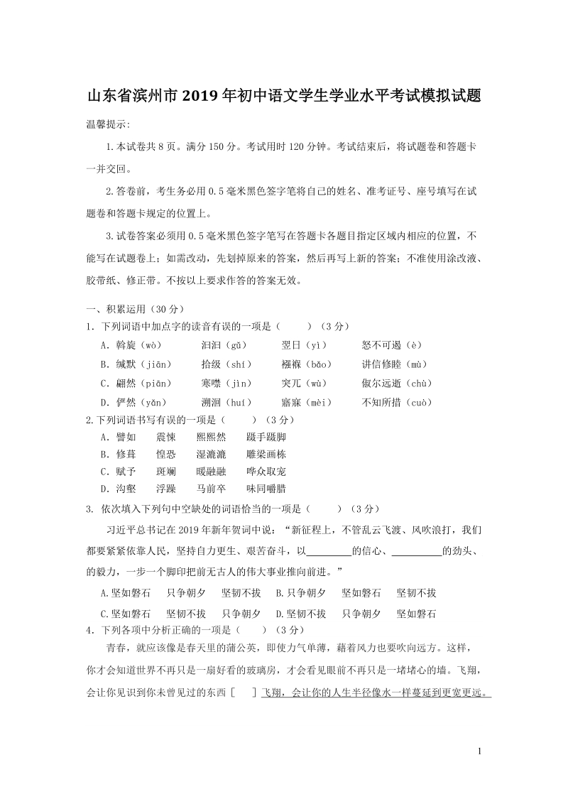 山东省滨州市2019年初中语文学生学业水平考试模拟试题（含答案）_第1页
