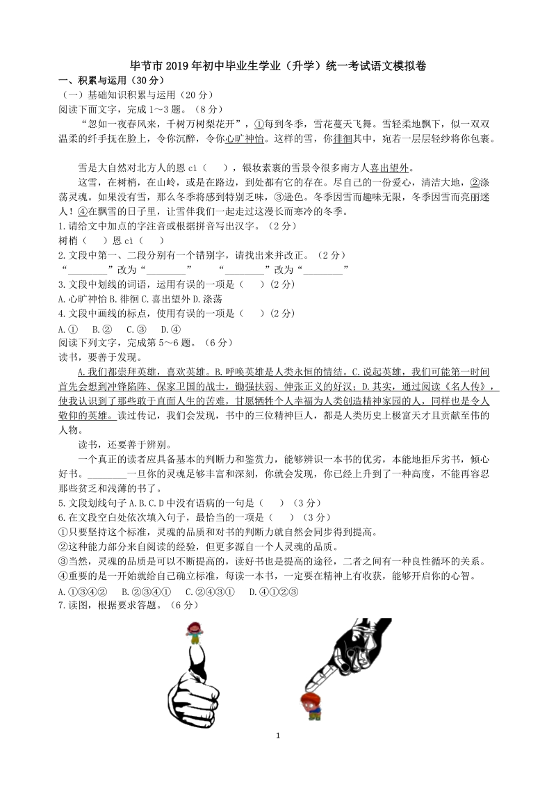 贵州省毕节市2019年初中毕业生学业（升学）统一考试语文模拟卷_第1页