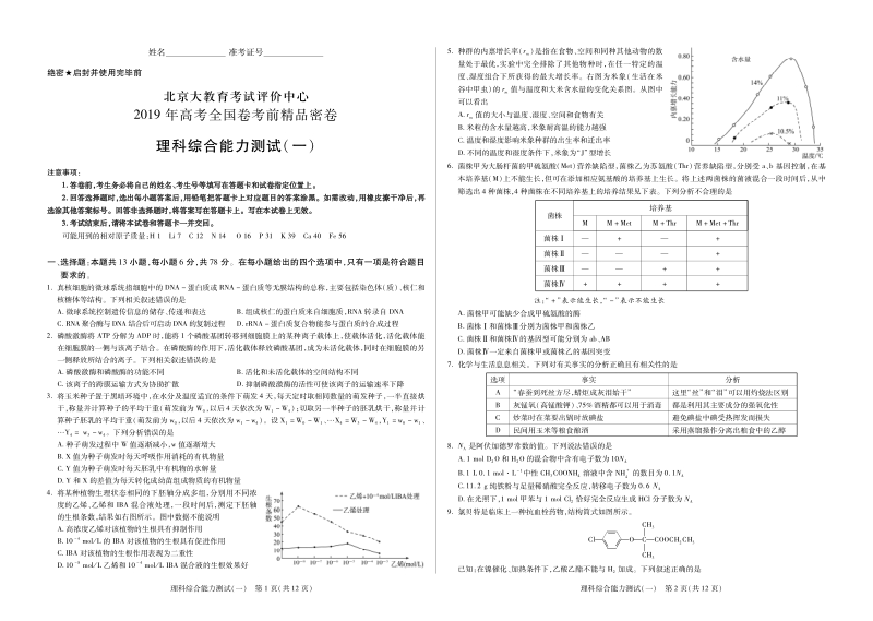 北京大教育考试评价中心2019年高考全国卷考前密卷理科综合能力测试（一）含答案（PDF版）_第1页