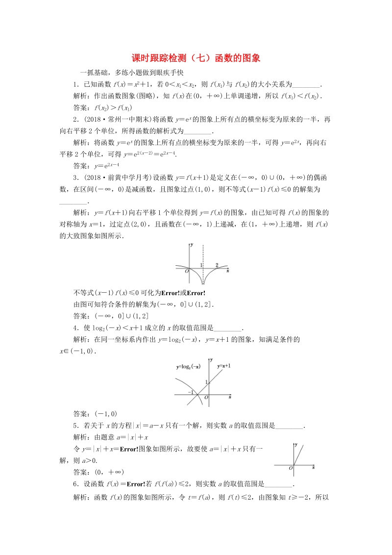 江苏专版2020版高考数学一轮复习课时跟踪检测七：函数的图象理（含解析）_第1页