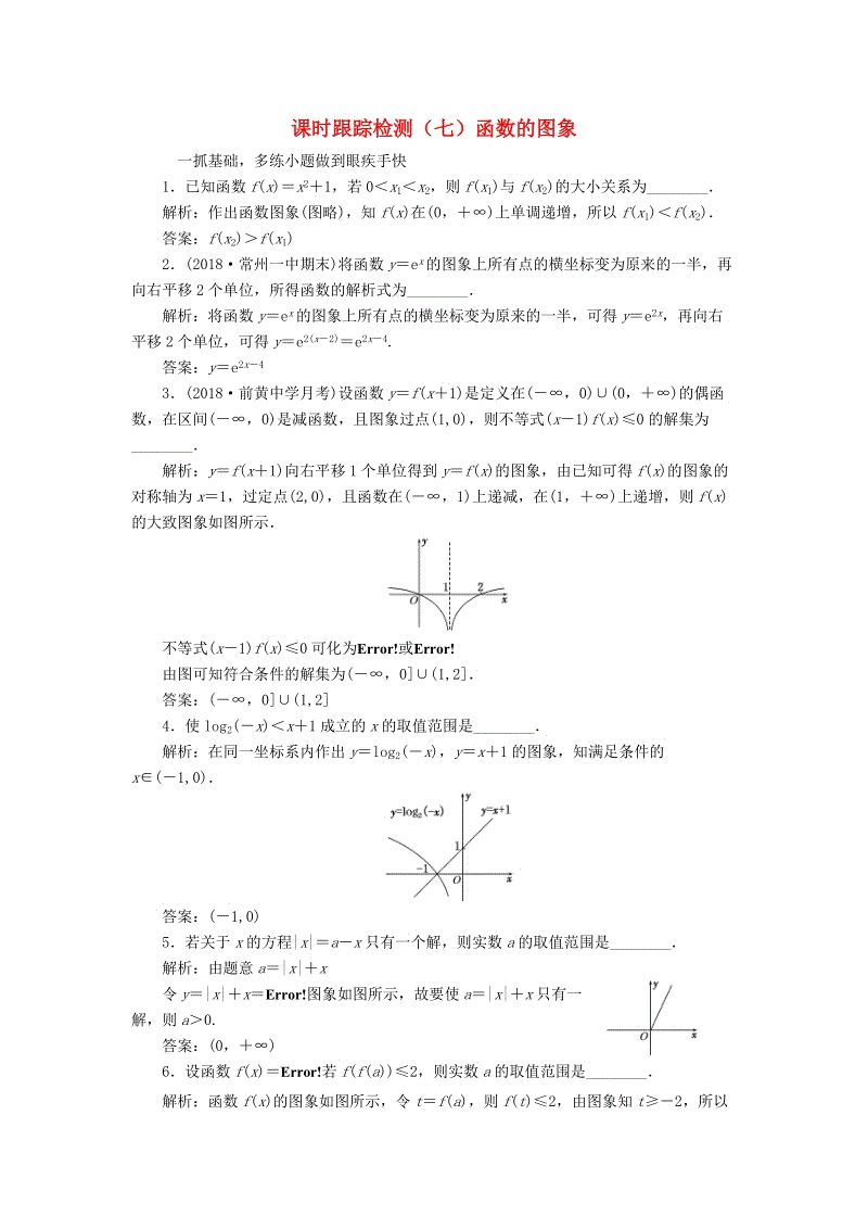 江苏专版2020版高考数学一轮复习课时跟踪检测七：函数的图象理（含解析）