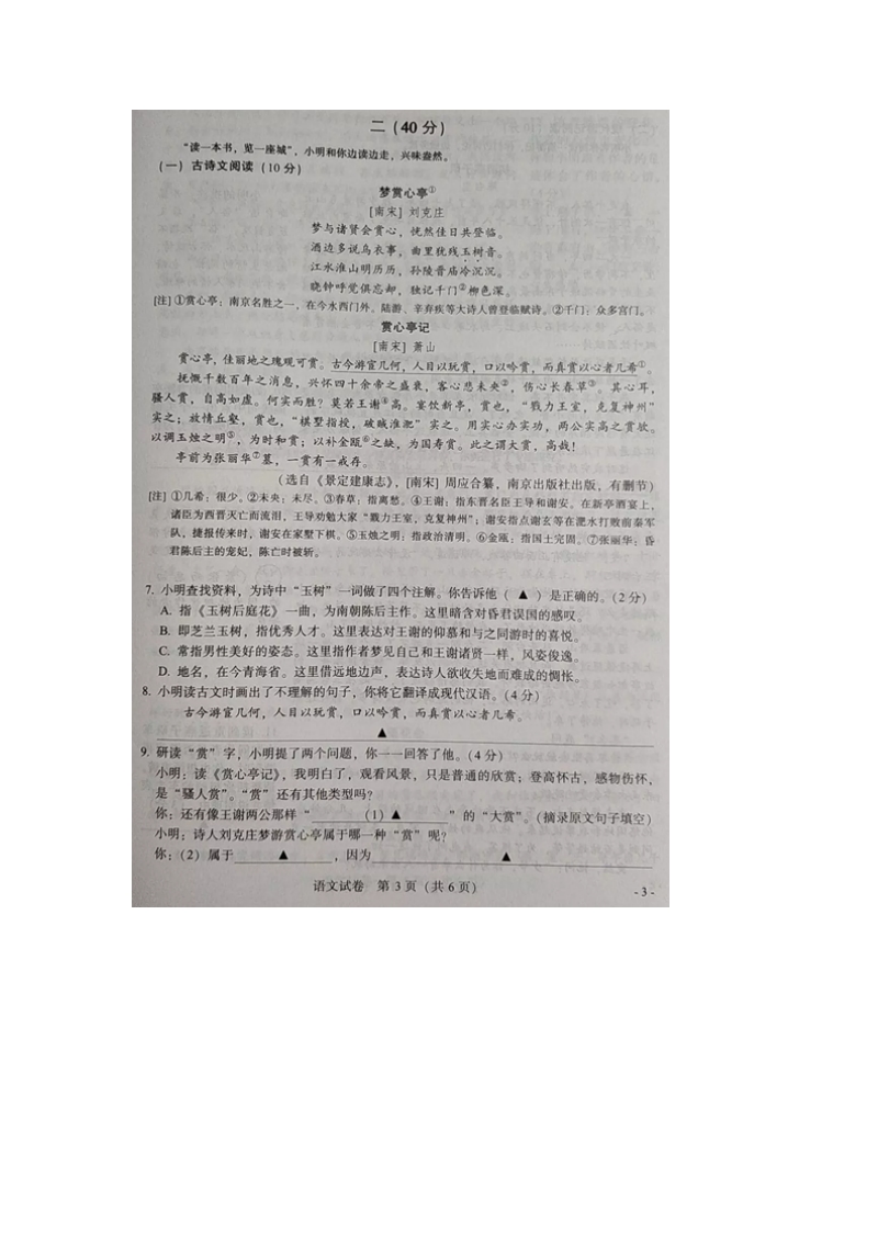 江苏省南京市2019年中考语文试题含答案（扫描版）_第3页