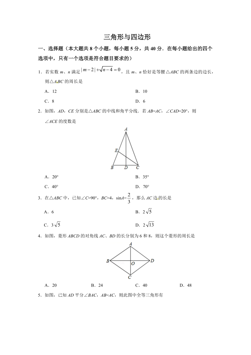 2019年中考数学冲刺专题：三角形与四边形（含解析）_第1页
