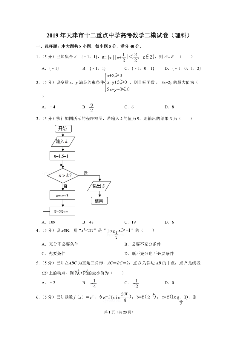 2019年天津市十二重点中学高考数学二模试卷（理科）含解析_第1页