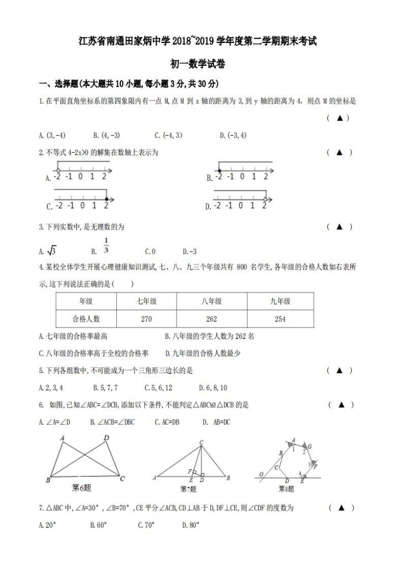 江苏省南通市田家炳中学2018-2019学年度第二学期期末考试初一数学试题（含答案）_第1页