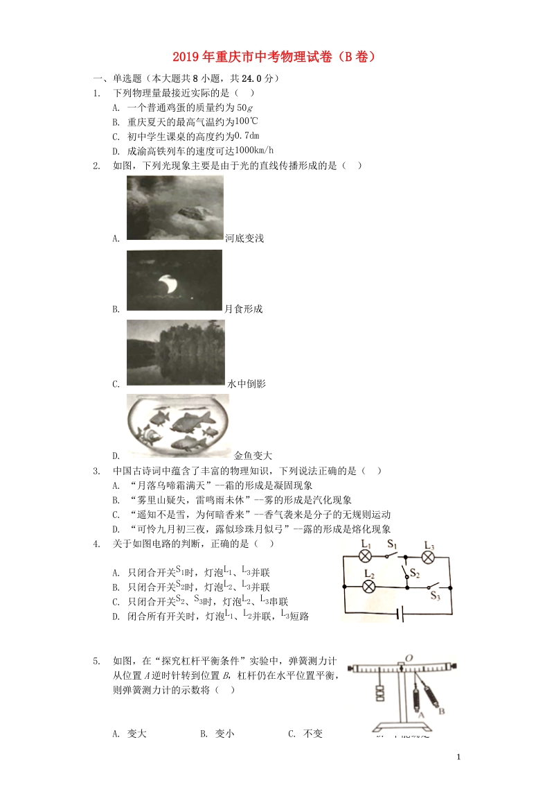 重庆市2019年中考物理真题试题（B）含答案解析_第1页