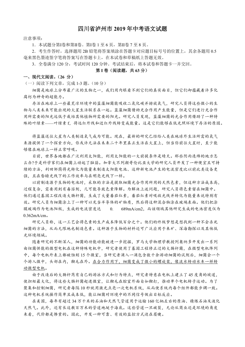 四川省泸州市2019年中考语文试题（含答案解析）_第1页