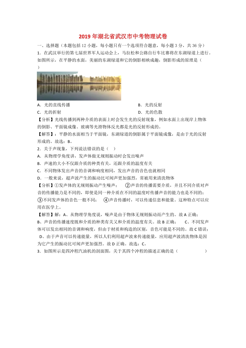湖北省武汉市2019年中考物理真题试题（含答案解析）_第1页