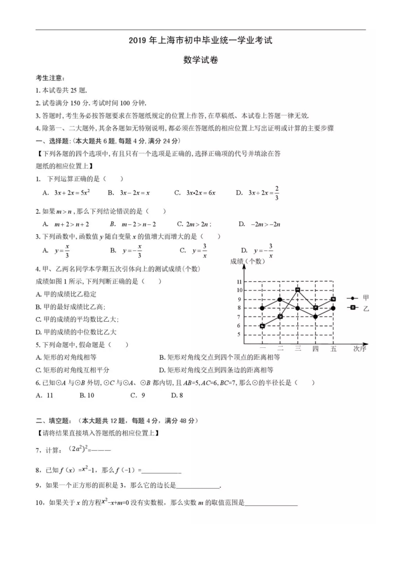 2019年上海市初中毕业统一考试（中考）数学试卷及答案_第1页