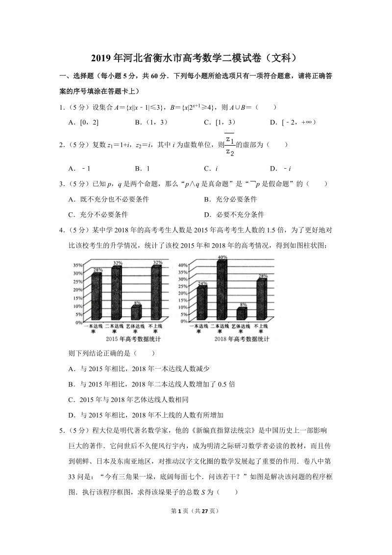 2019年河北省衡水市高考数学二模试卷（文科）含答案解析_第1页