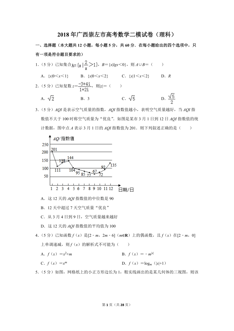 2018年广西崇左市高考数学二模试卷（理科）含答案解析_第1页