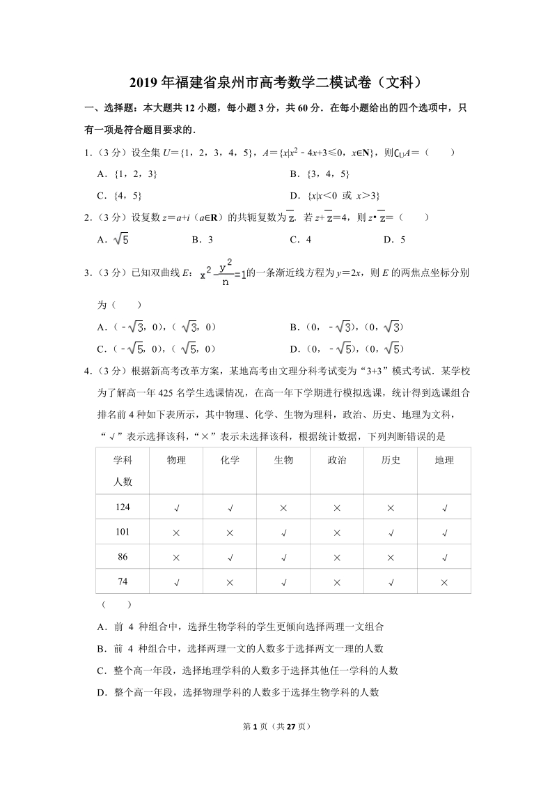 2019年福建省泉州市高考数学二模试卷（文科）含答案解析_第1页
