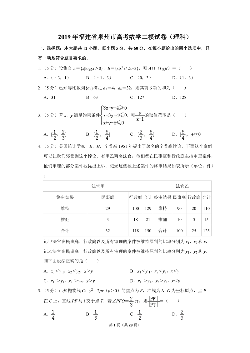 2019年福建省泉州市高考数学二模试卷（理科）含答案解析_第1页