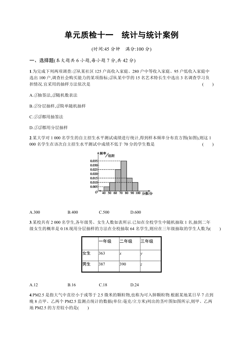 2020高考数学（天津专用）一轮单元质量检查试卷11：统计与统计案例（含解析）_第1页