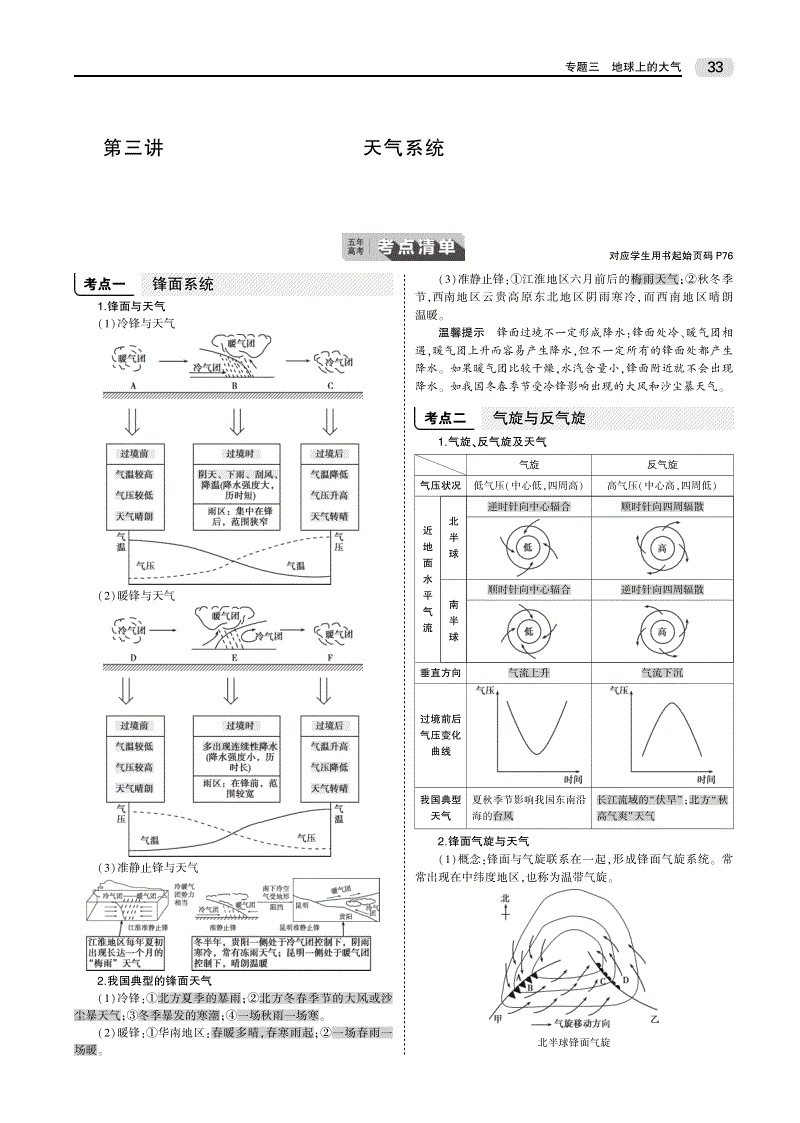 【天津专用】2020届高考地理一轮教师用书（PDF）：专题三 第三讲 天气系统