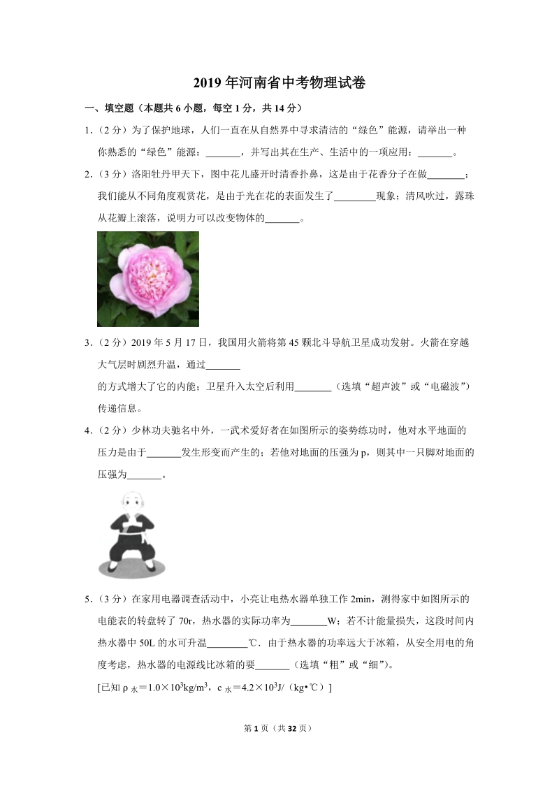 2019年河南省中考物理试卷（含答案解析）_第1页