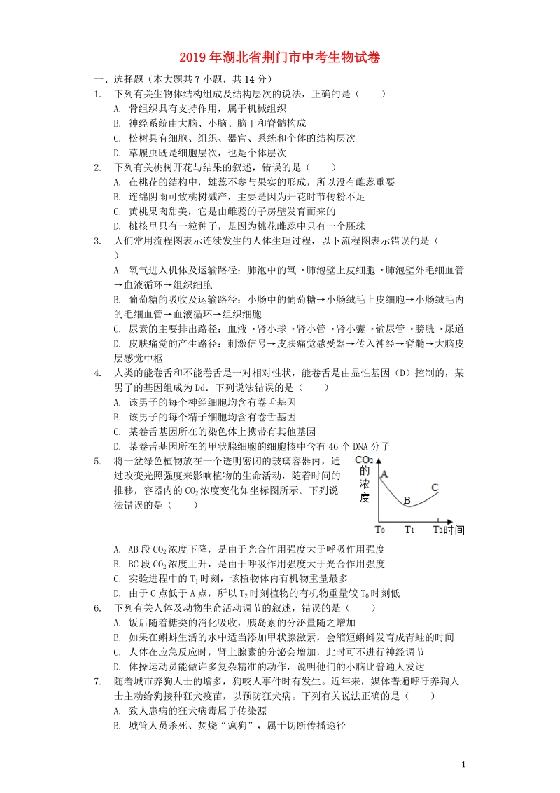 湖北省荆门市2019年中考生物真题试题（含解析）_第1页