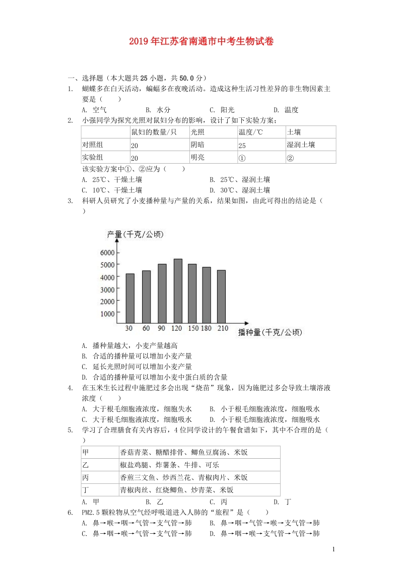 江苏省南通市2019年中考生物试卷（含解析）_第1页