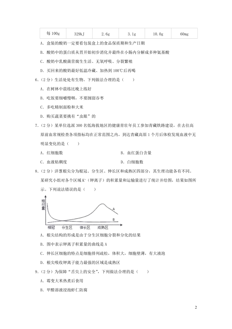 山东省潍坊市2019年中考生物一模试卷（含解析）_第2页