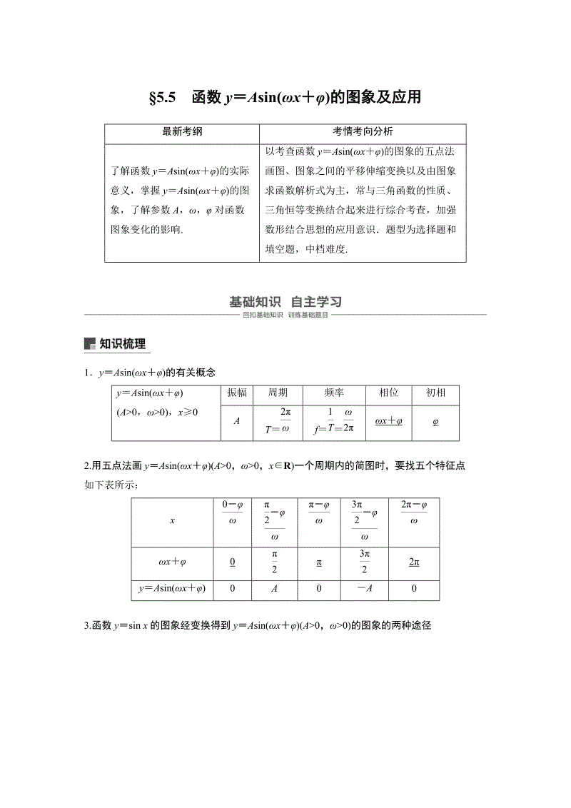 浙江省20届高考数学一轮 第5章 5.5 函数y＝Asin(ωx＋φ)的图象及应用