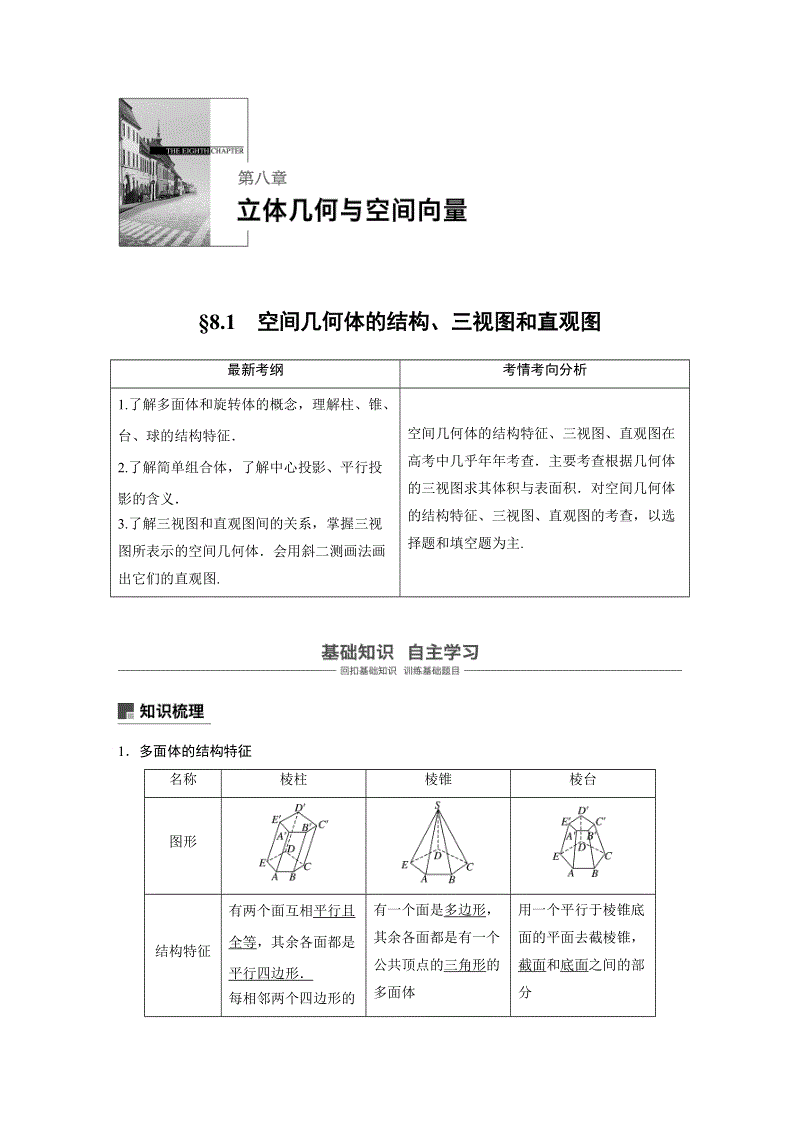 浙江省20届高考数学一轮 第8章 8.1  空间几何体的结构、3视图和直观图