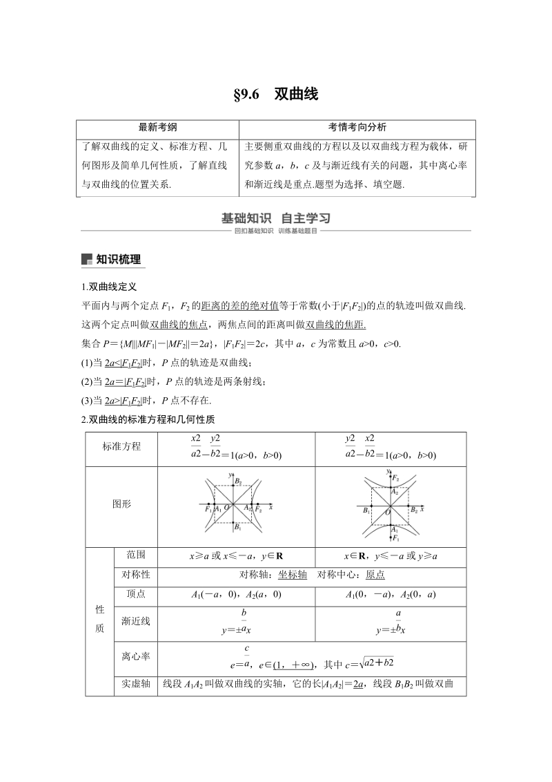 浙江省20届高考数学一轮 第9章 9.6 双曲线_第1页