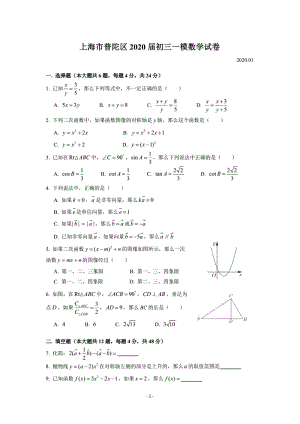 2020学年上海市普陀区中考数学一模试题（PDF版含简单答案）