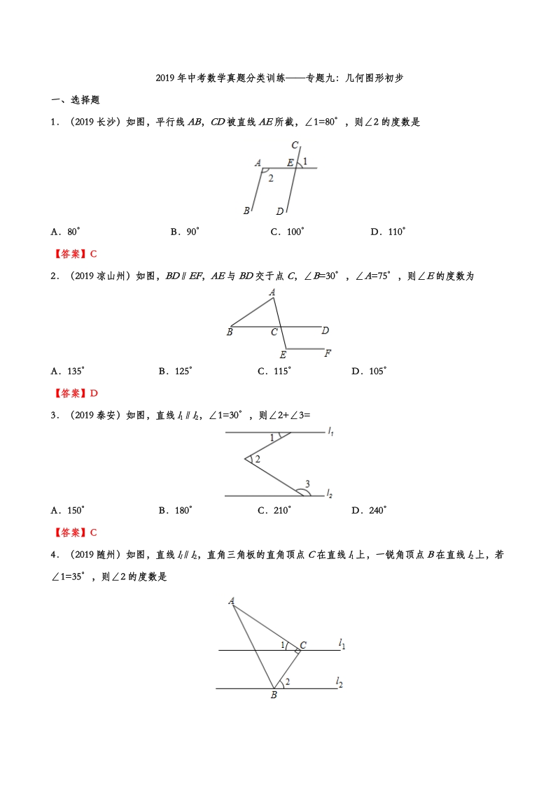 2019年中考数学真题分类训练——专题九：几何图形初步_第1页