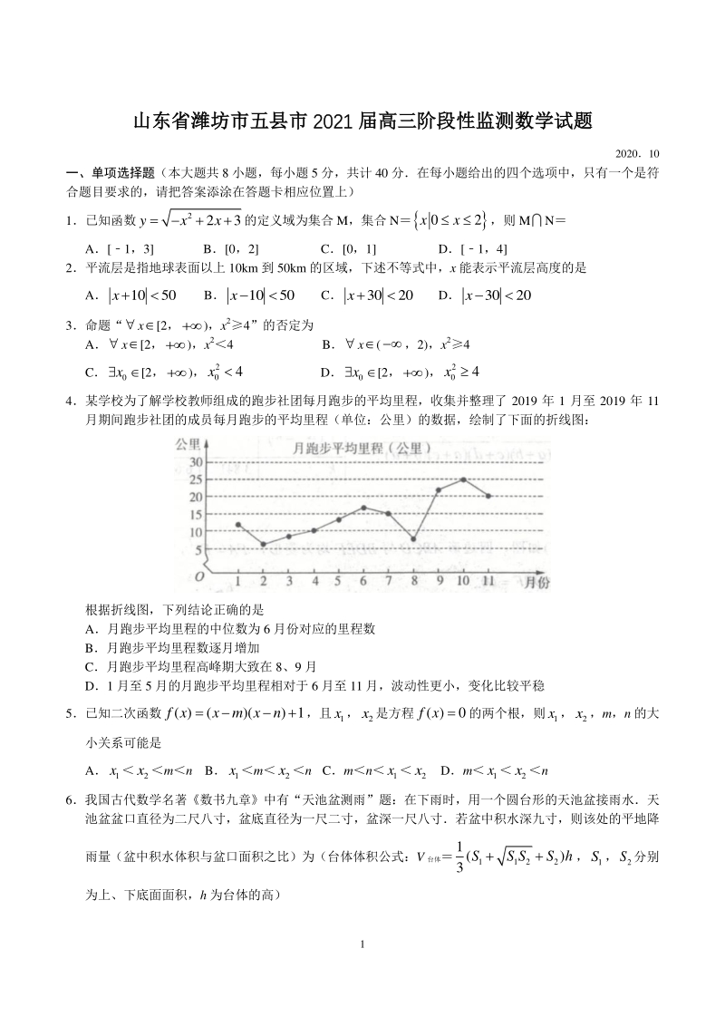 山东省潍坊市五县市2021届高三上学期阶段性监测数学试题（含答案）_第1页