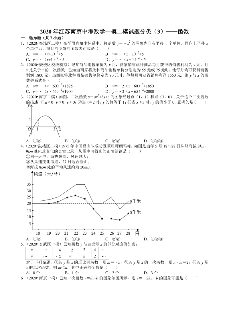 2020年江苏省南京市中考数学一模二模考试试题分类解析（3）函数_第1页
