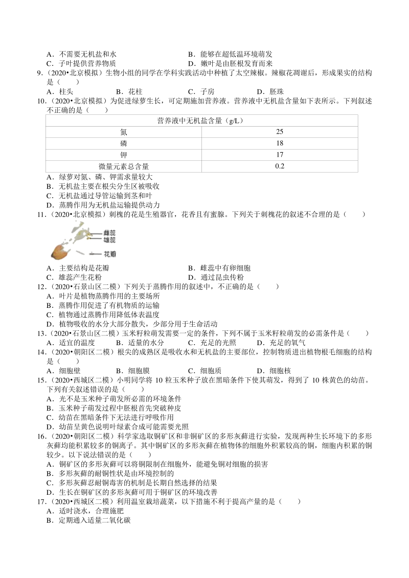 2020年北京市中考生物各区模拟考试试题分类解析（3）绿色植物_第2页