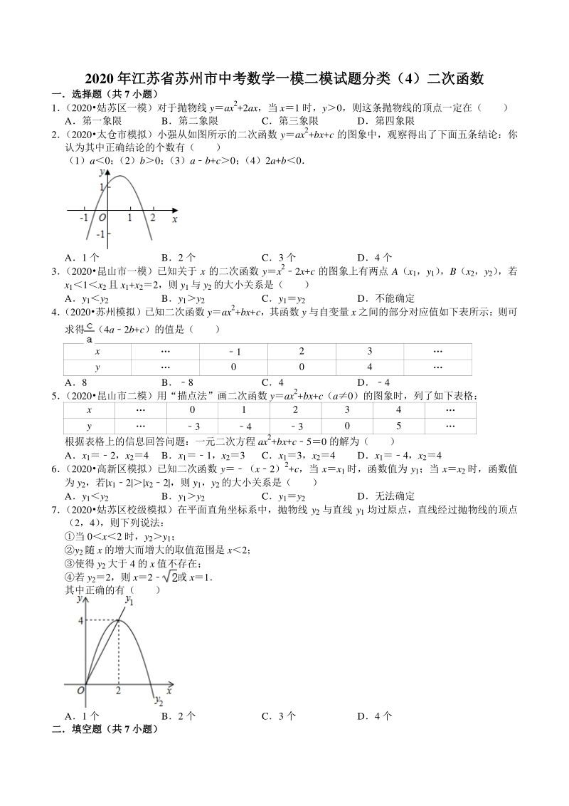 2020年江苏省苏州市中考数学一模二模考试试题分类解析（4）二次函数_第1页